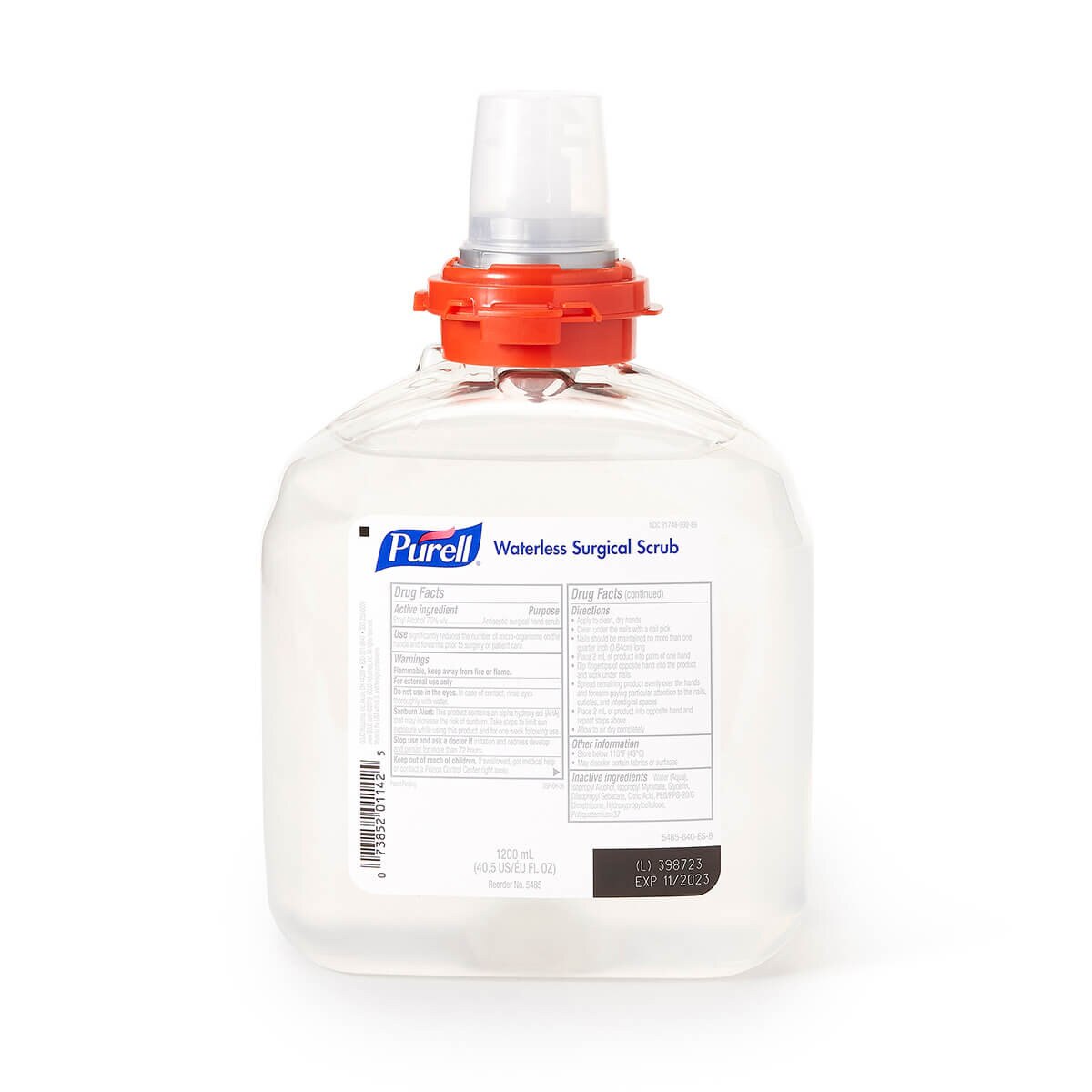 Rear view of Purell Waterless Surgical Scrub Gel TFX 1,200ml refill bottle showing drug facts and product information label.